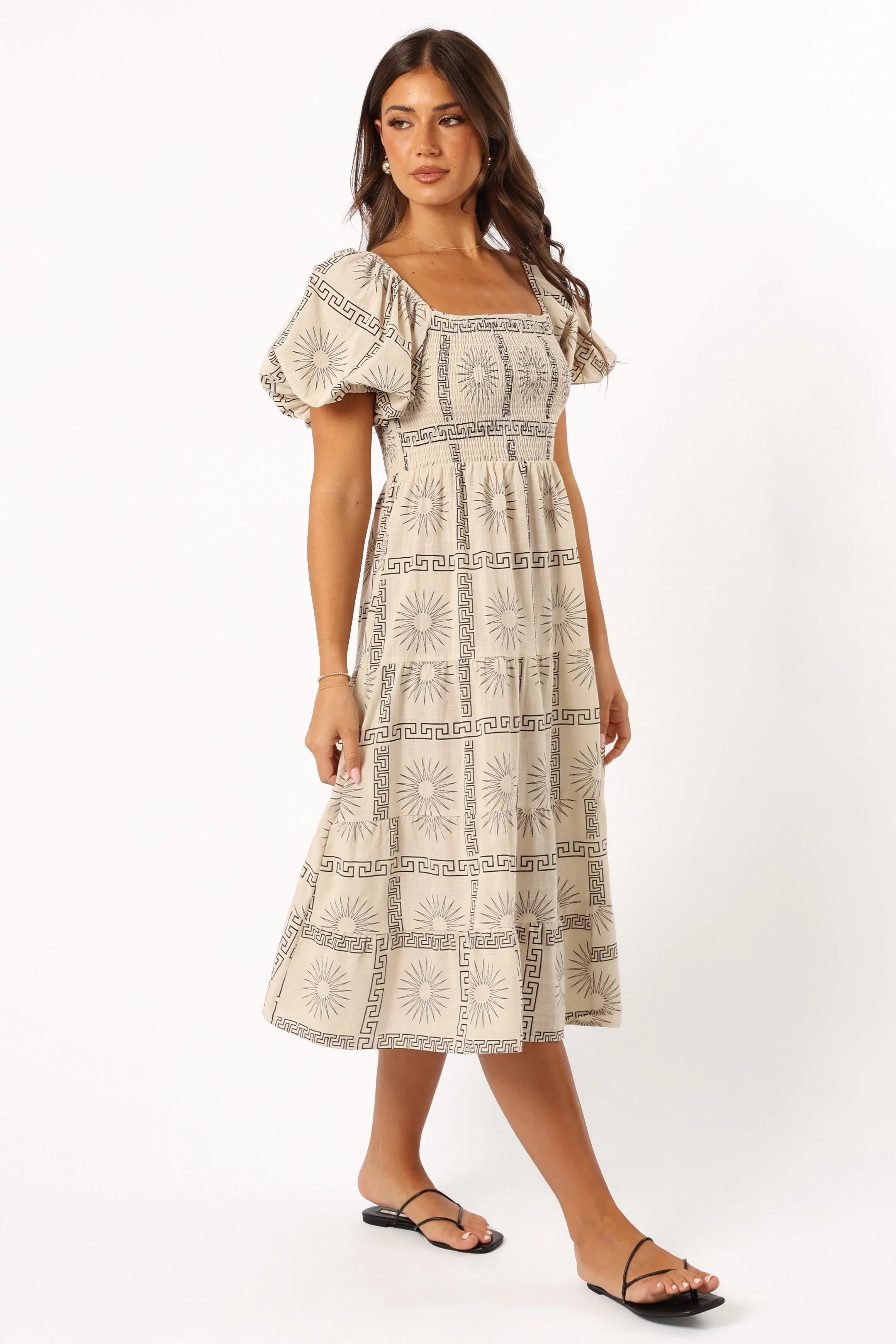 Soliel Puff Sleeve Midi Dress Beige Black