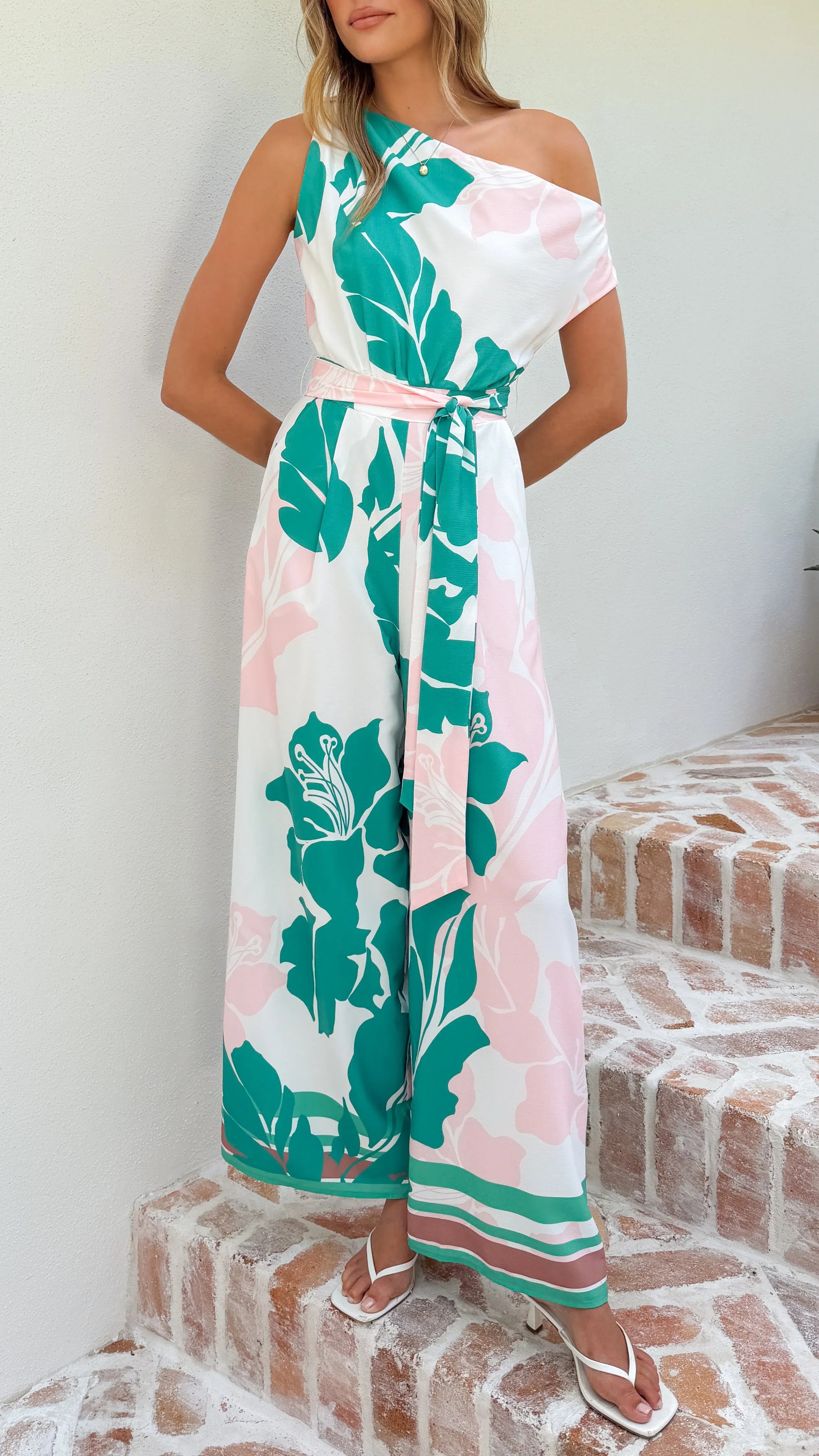 Oasis One Shoulder Jumpsuit Pink Green