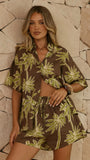 Ravenna Button Up Shirt and Shorts Set Brown Green Palm