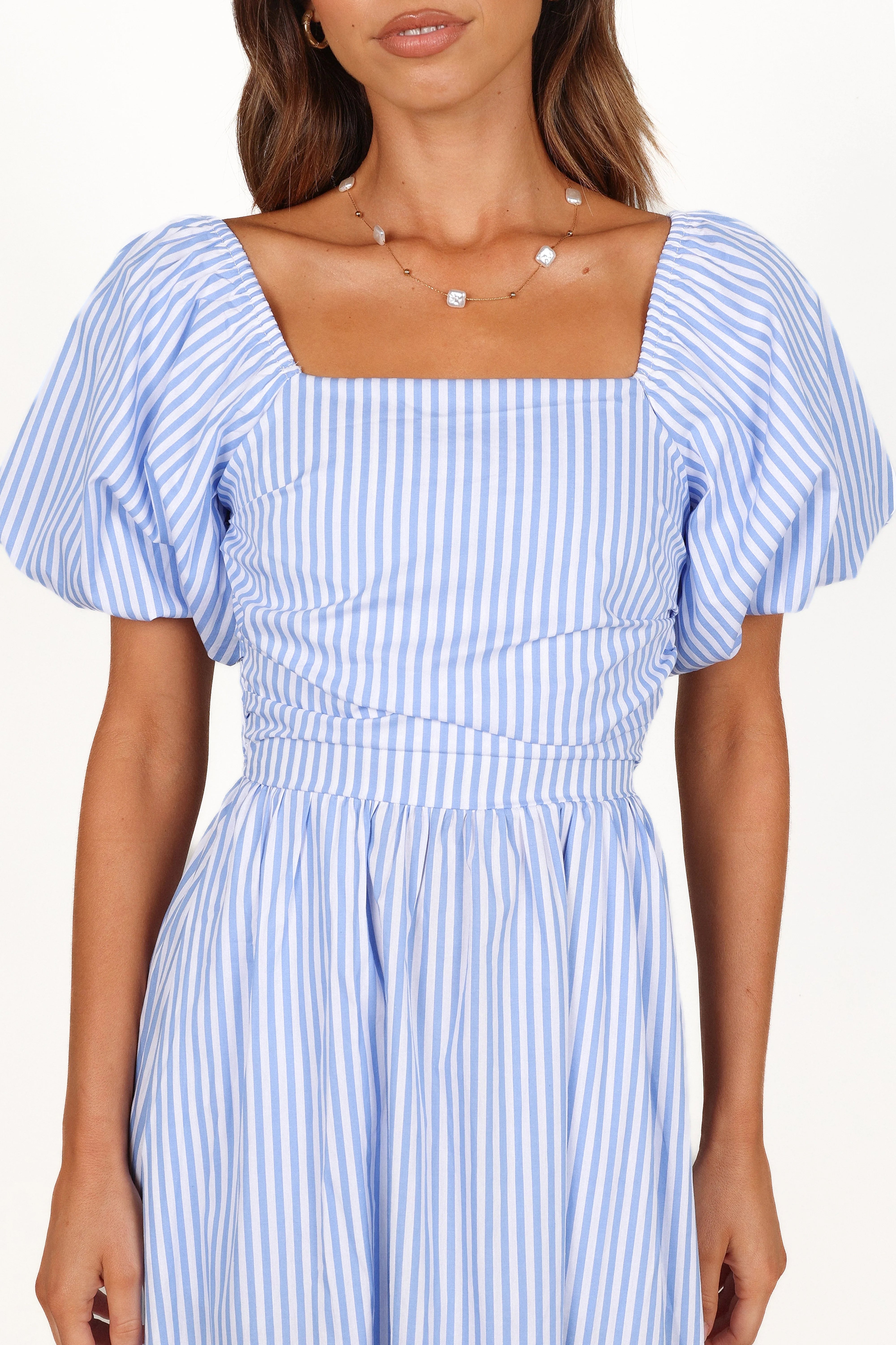 Clo Puff Sleeve Midi Dress Blue Stripe