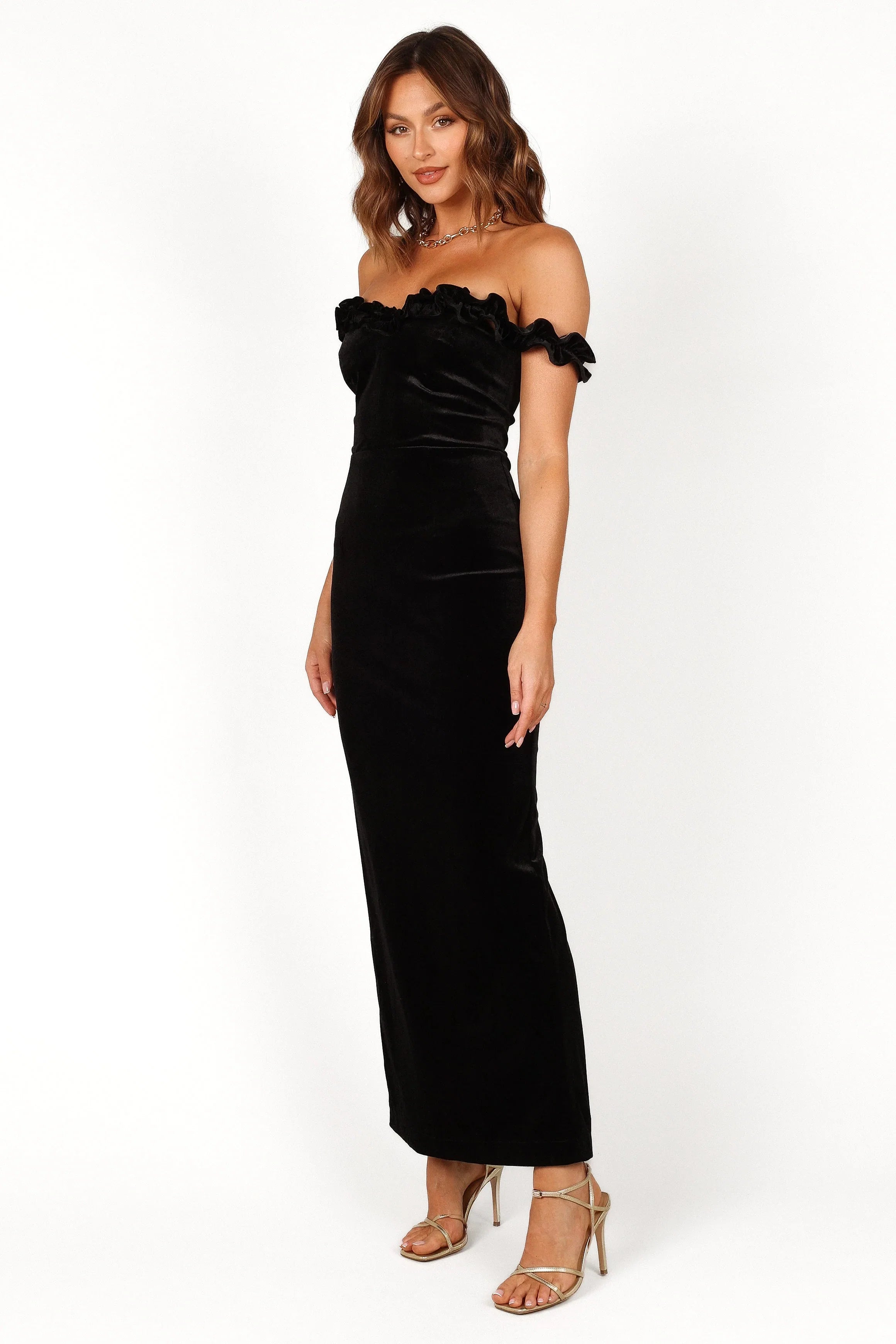 Celeste Off Shoulder Velvet Maxi Dress Black