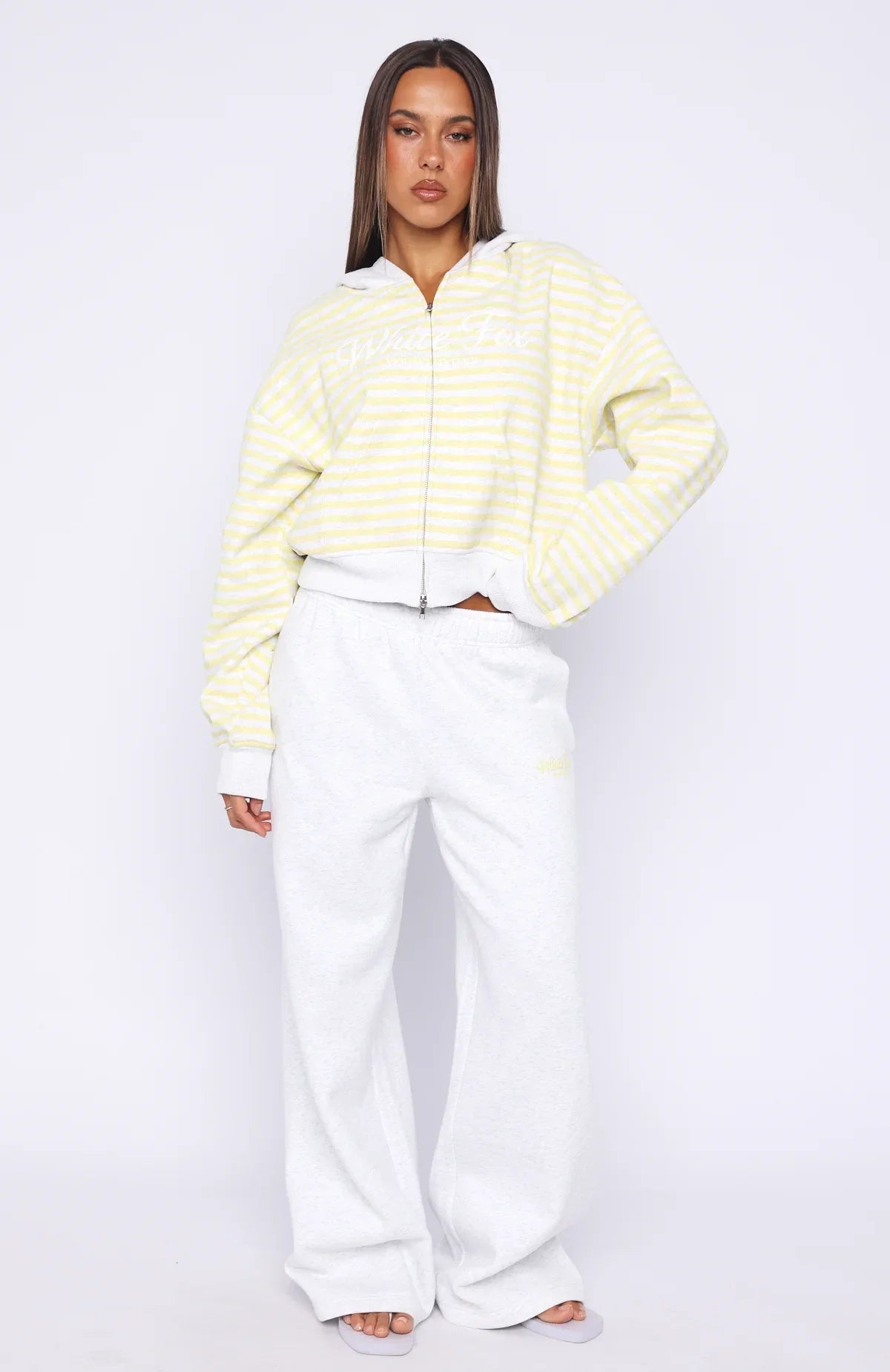 Verano Sixteen Maria Boxy Zip Front Hoodie Grey Marle Lemon Stripe