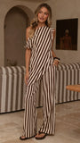 Liana Off Shoulder Top Pants Set Brown Stripe