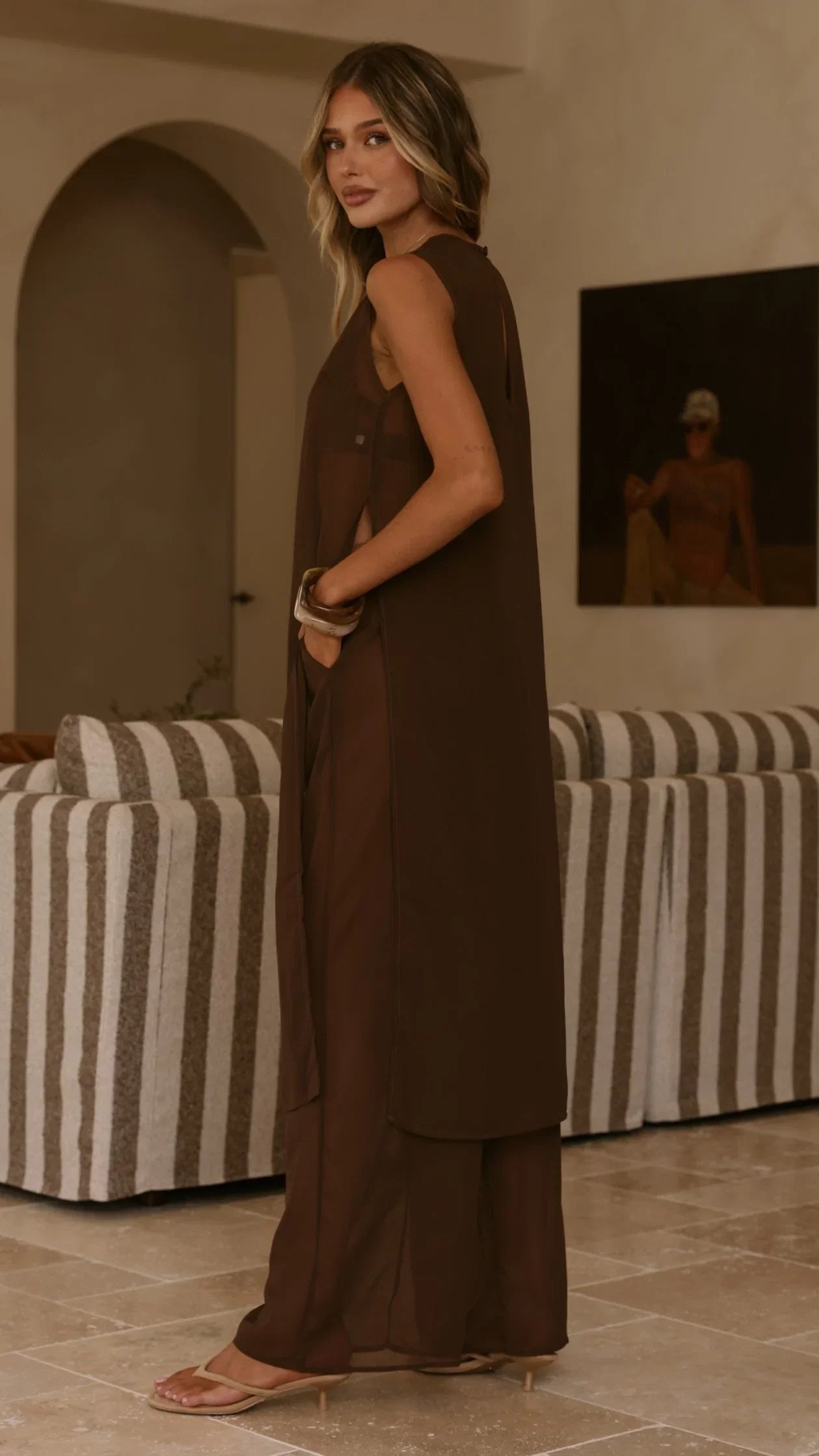 Zaire Long Line Sheer Top and Pants Set Chocolate