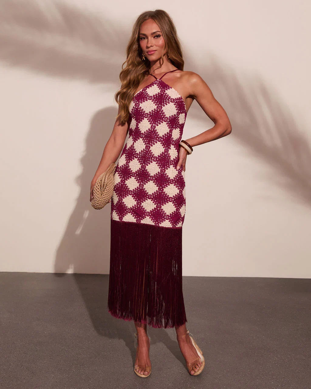 Caliste Knit Checkered Fringe Halter Neck Mini Dress