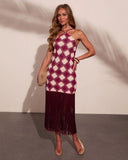 Caliste Knit Checkered Fringe Halter Neck Mini Dress