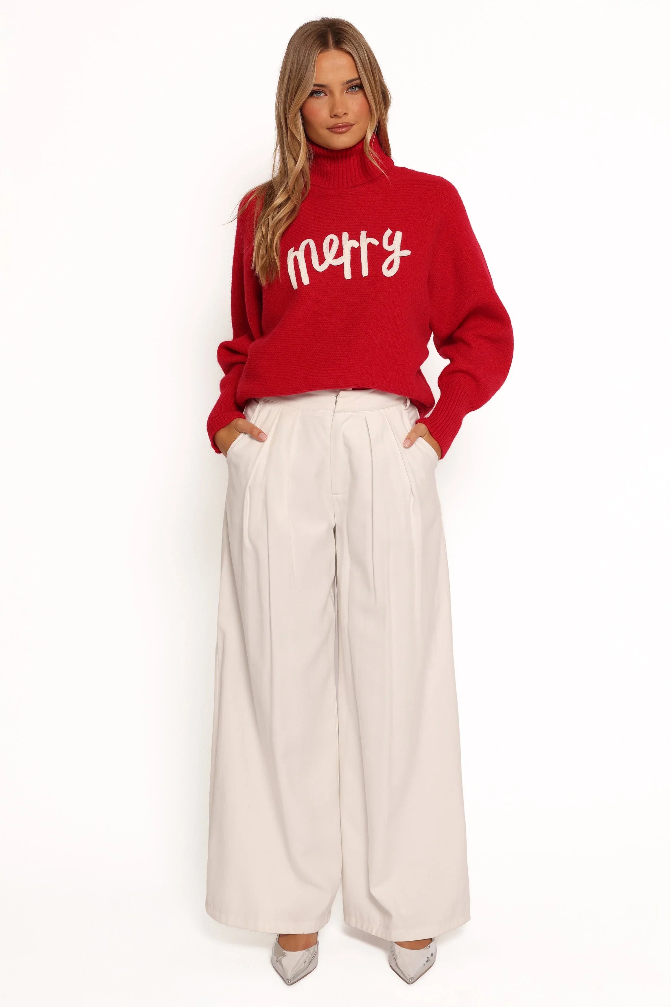 Merry Turtleneck Knit Sweater Red White