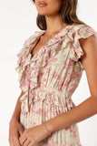 Levelle Midi Ruffle Dress Ivory Red Green Floral