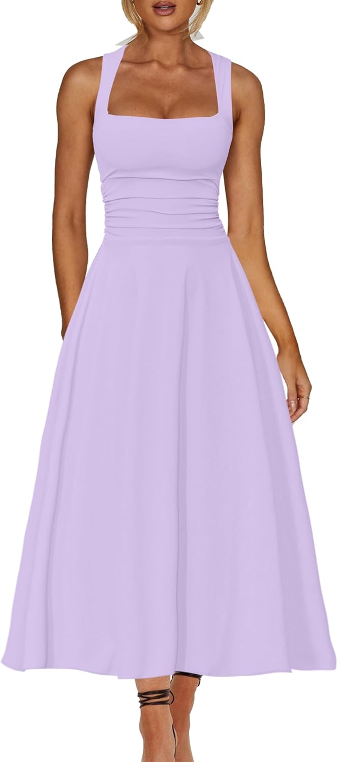 A Line Maxi Dress Ruffle Ruched Waist Flowy Long Dresses