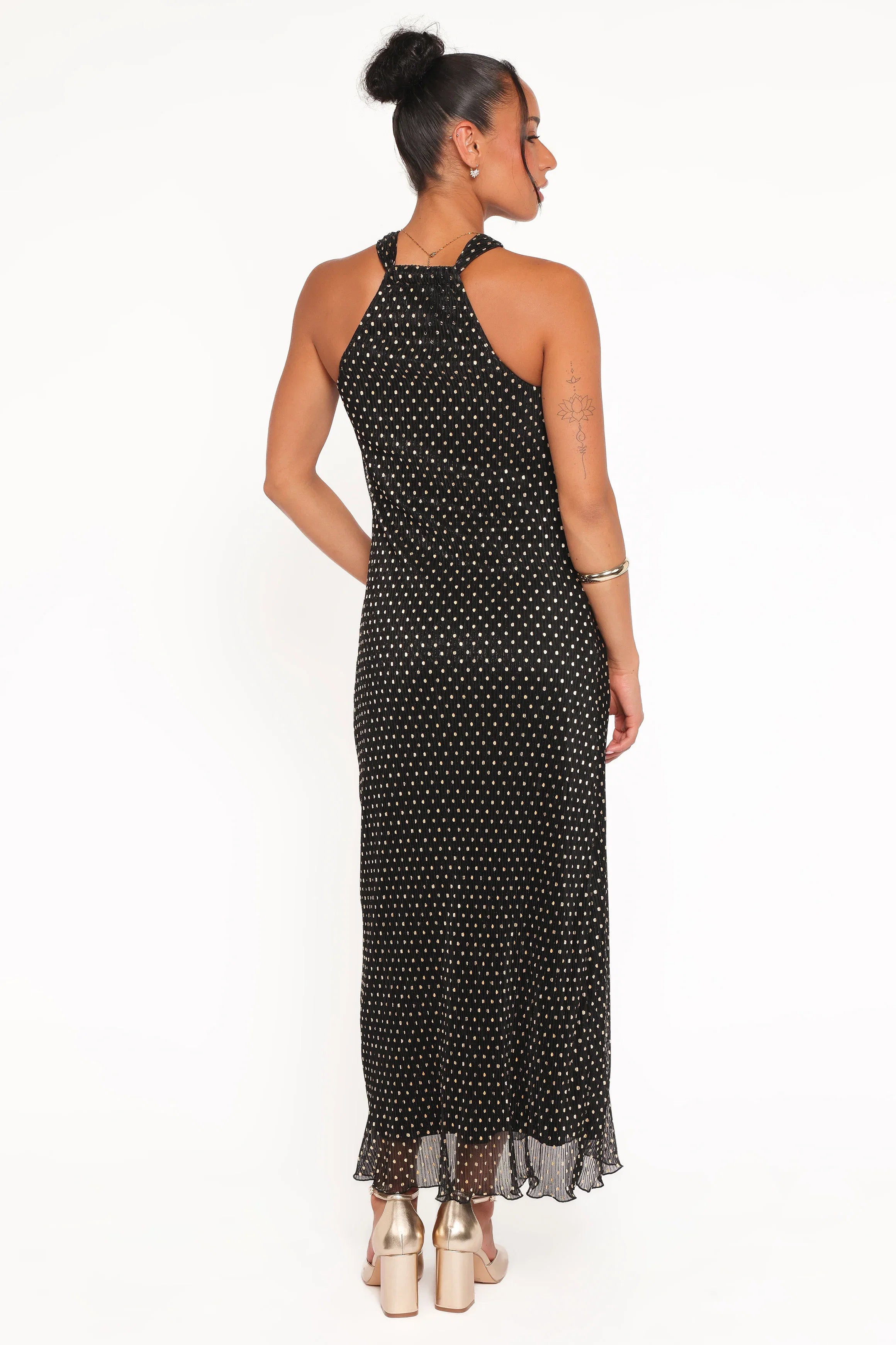 Melody Plisse Halter Maxi Dress Black Gold Polka Dot