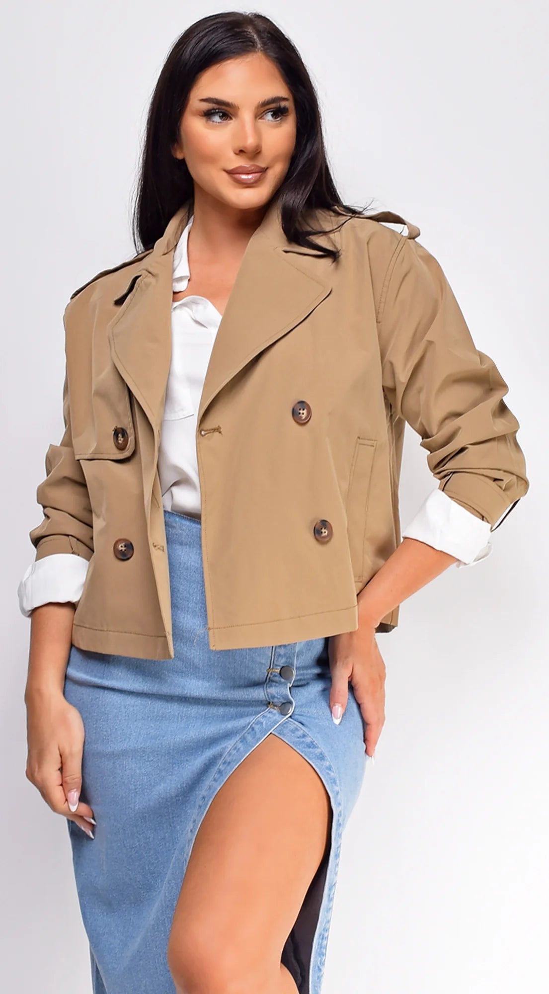 Devin Cropped Trench Jacket Beige