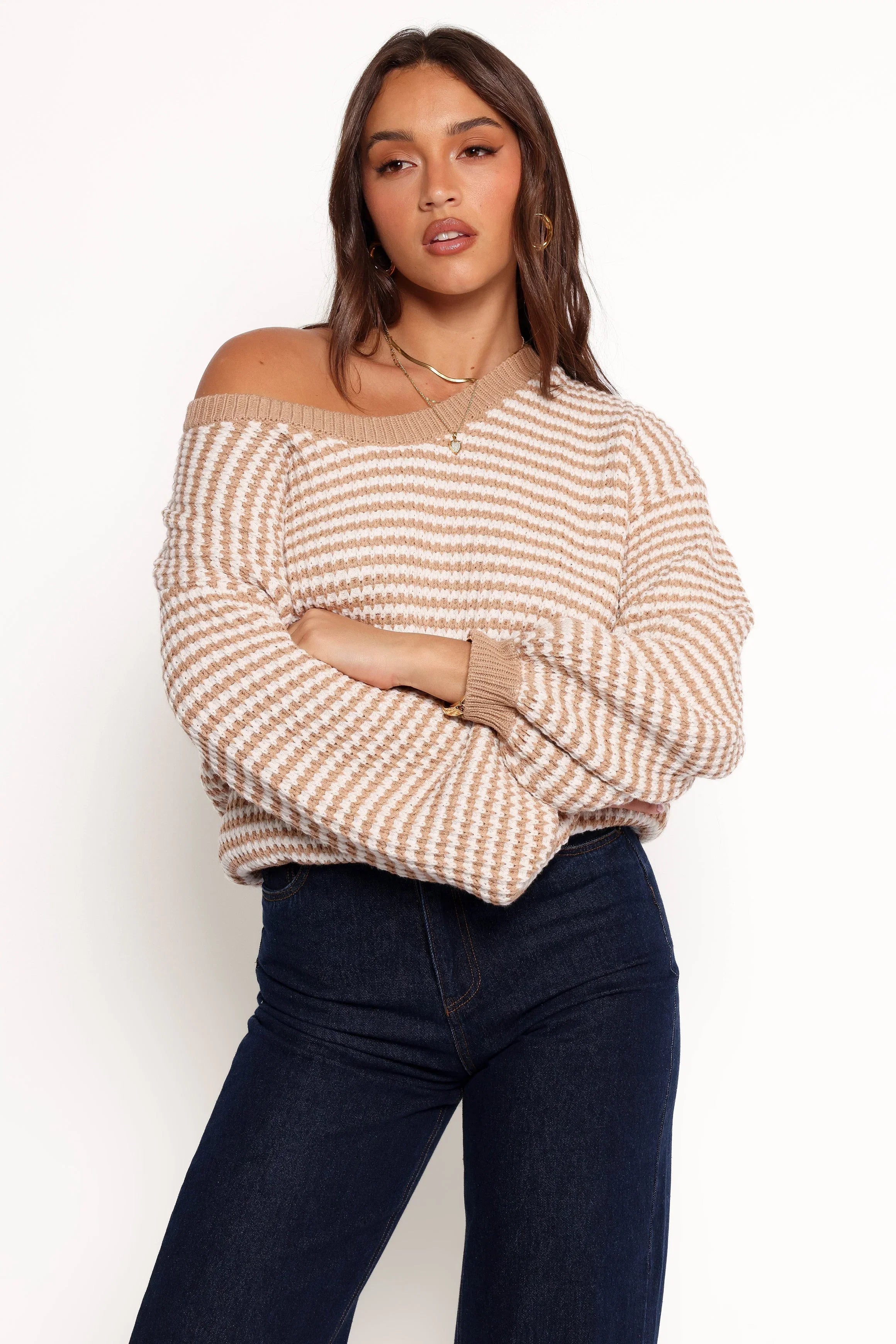 Becca Crewneck Waffle Stitch Stripe Knit Sweater Tan