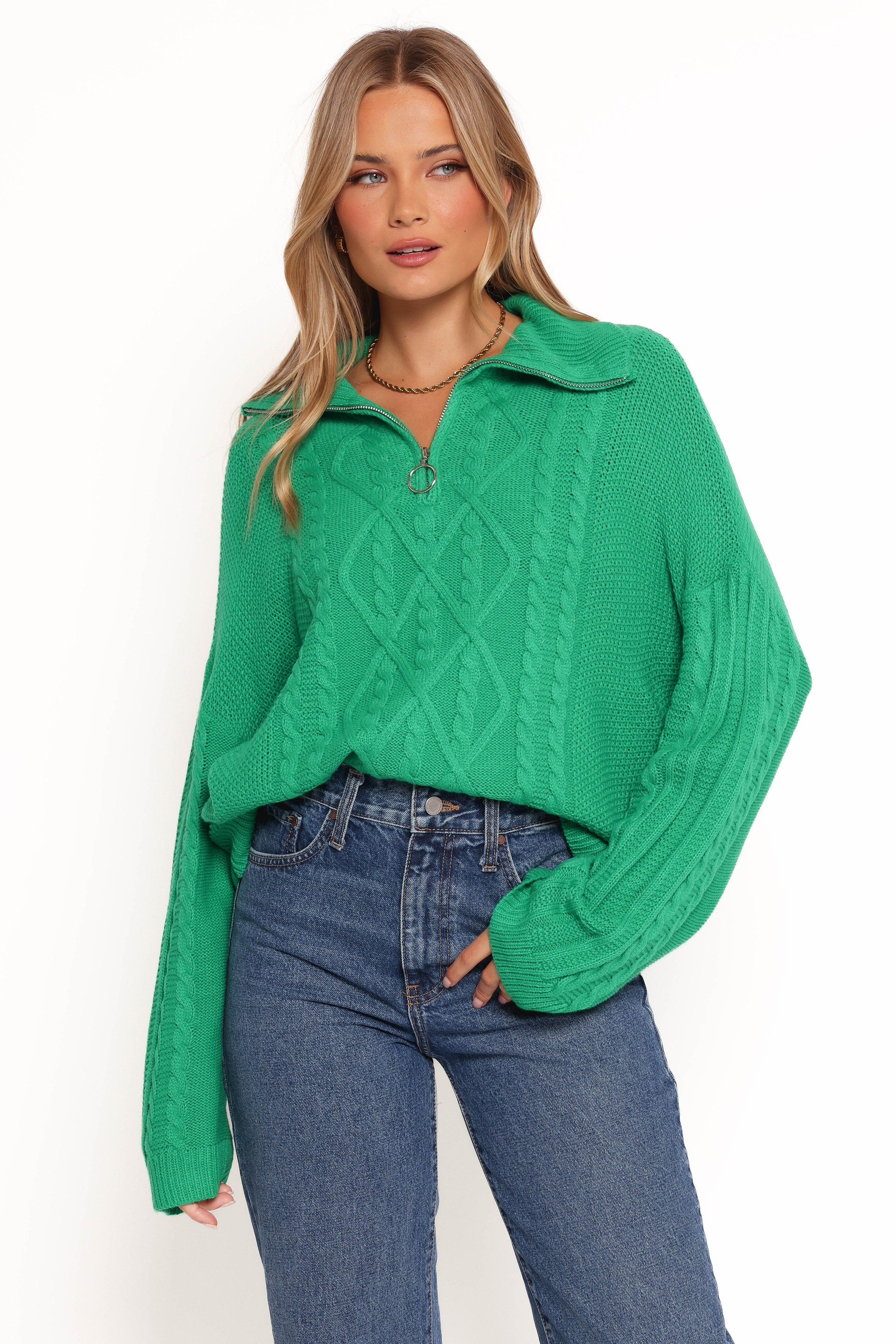 Leon Quarter Zip Cable Knit Sweater Green