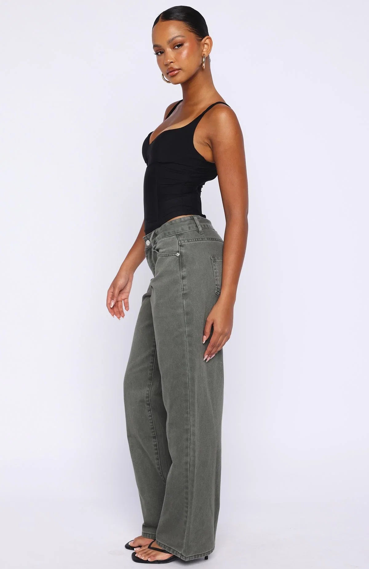 Bring The Style Low Rise Wide Leg Jeans Olive Wash