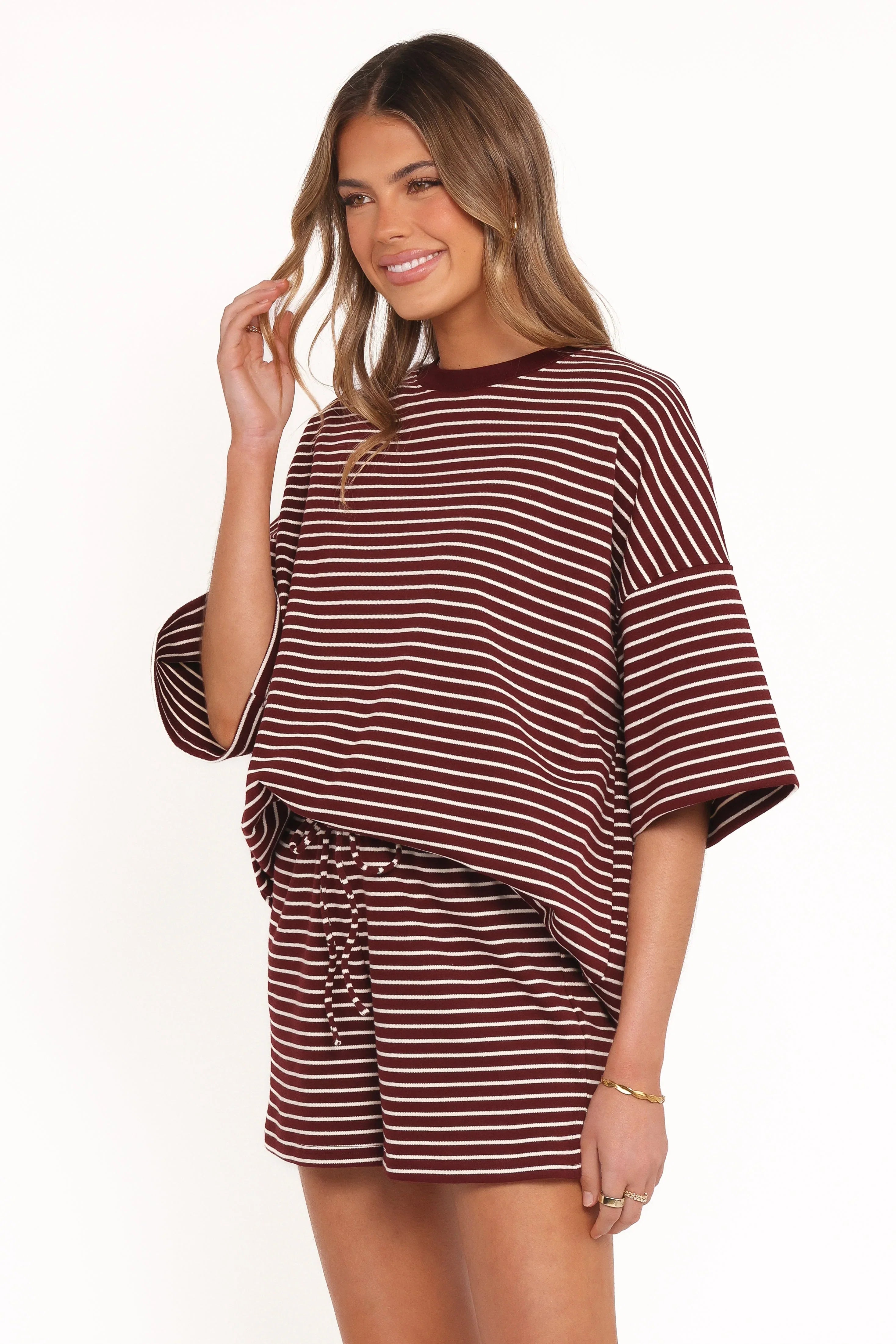 Hellen Stripe Short Set Burgundy Cream Stripe