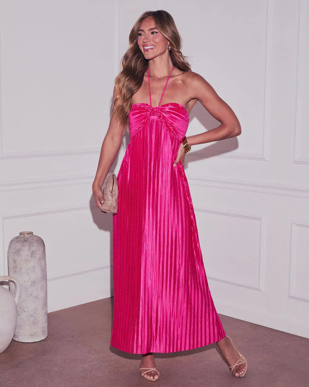 Raise A Toast Satin Plisse Halter Maxi Dress
