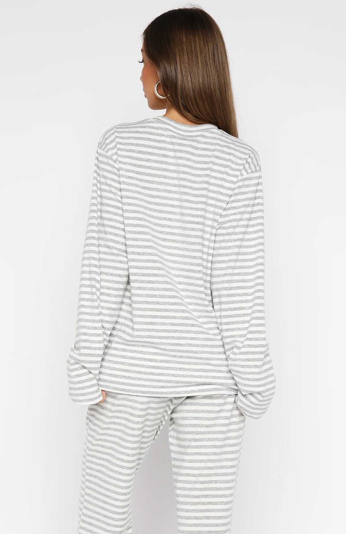 Slow Life Long Sleeve Pyjama Top Grey White Stripe
