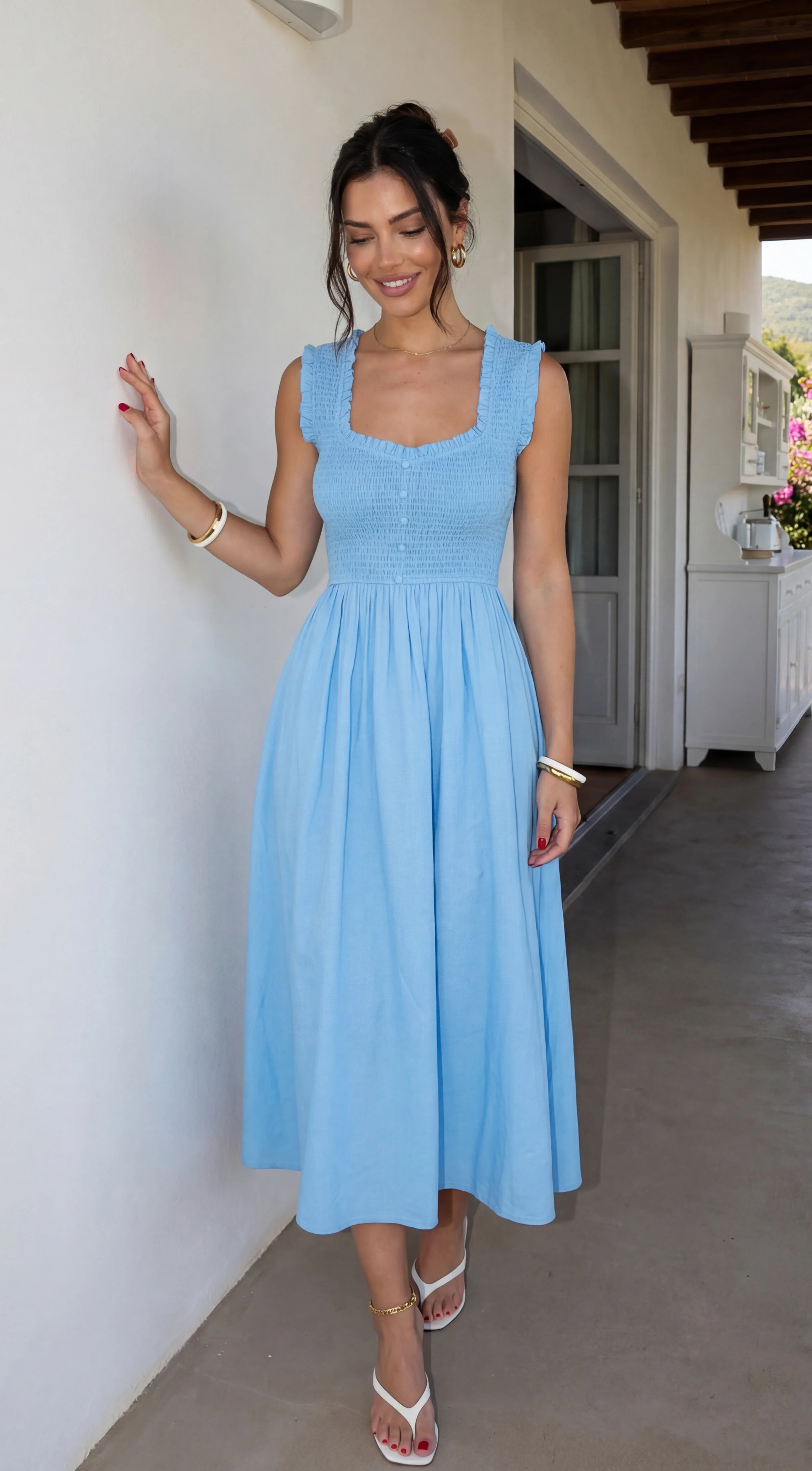 Bluebell Smocked Sweetheart Midi Dress Blue