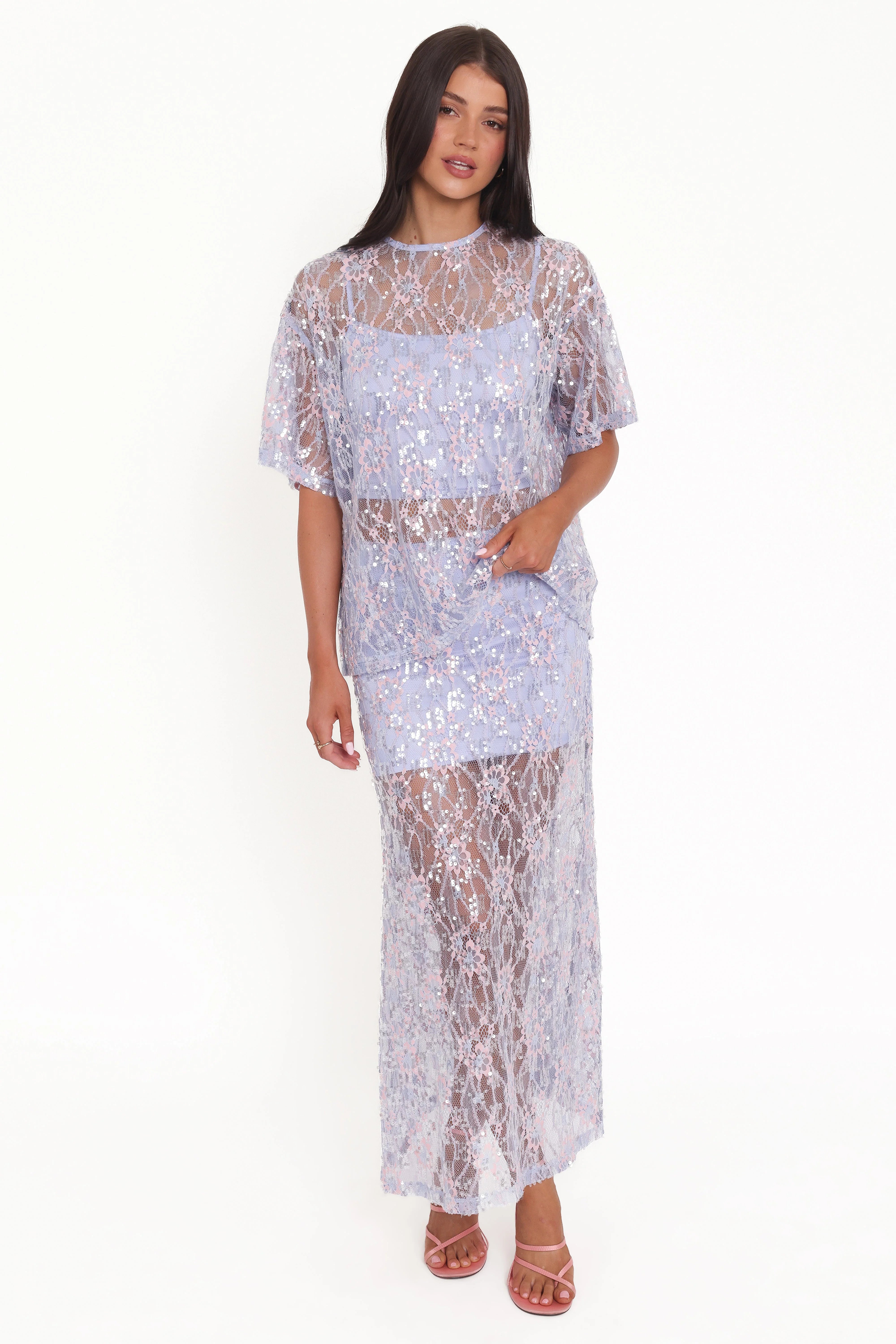 Yonder Sheer Panel Lace Maxi Skirt Purple