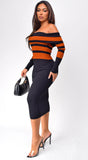 Robyn Stripe Ribbed Off Shoulder Midi Dress Black