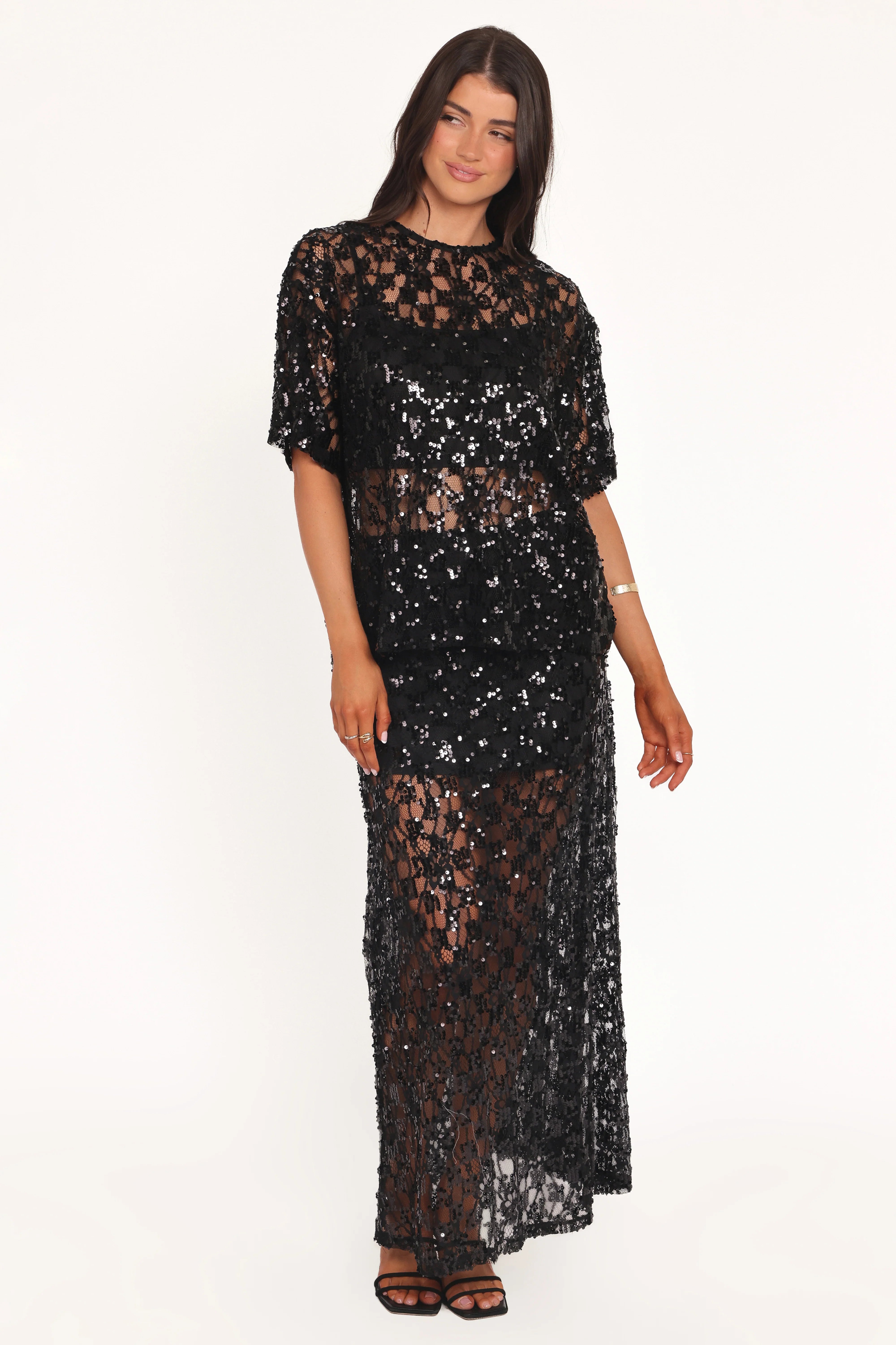 Yonder Sheer Panel Lace Maxi Skirt Black