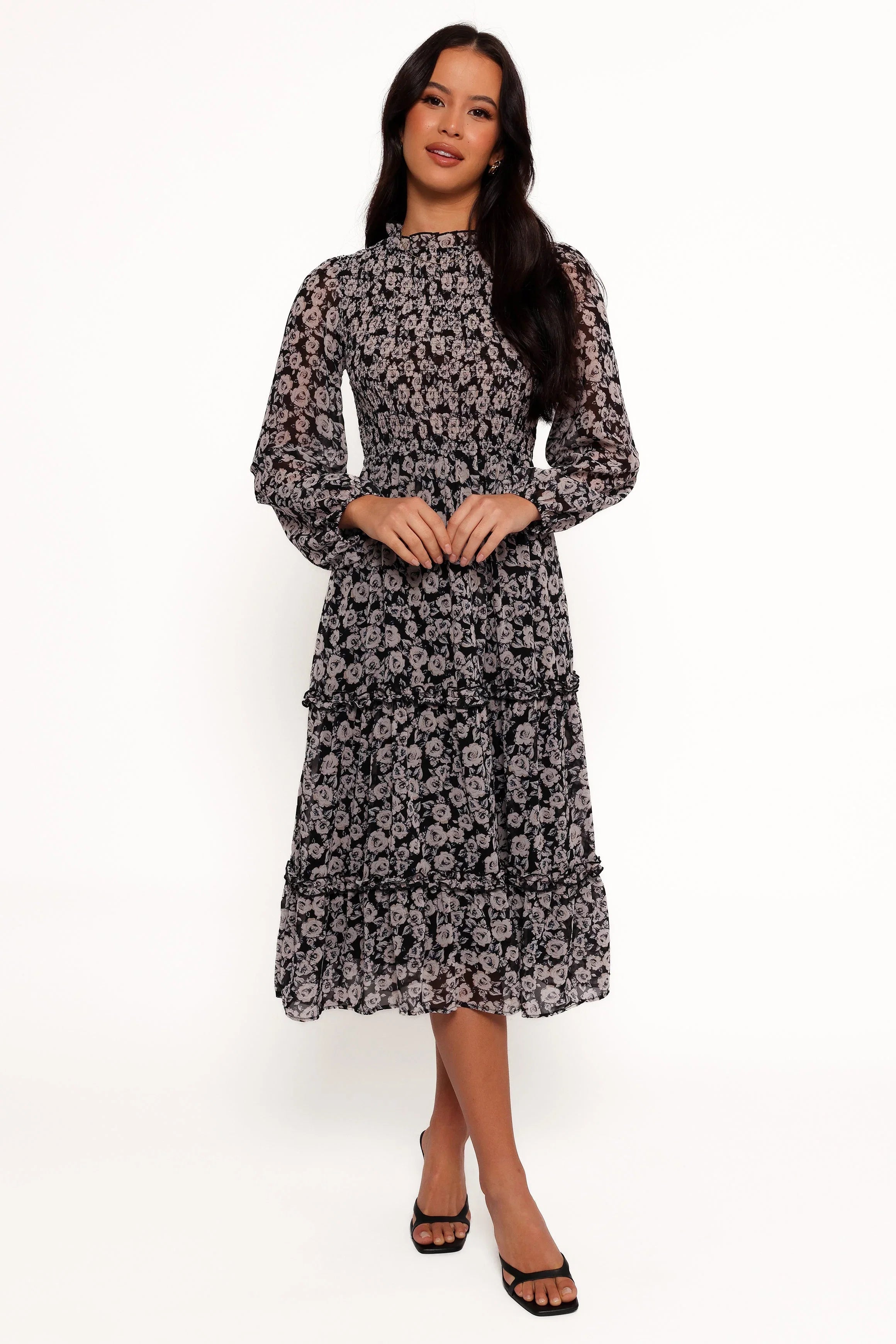 Edwina Shirred Frill Long Sleeve Midi Dress Black Floral