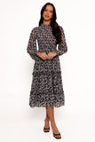 Edwina Shirred Frill Long Sleeve Midi Dress Black Floral