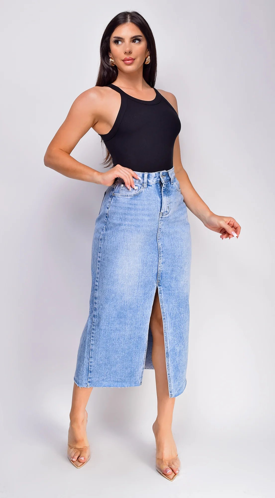 Frances High Rise Denim Midi Skirt Blue