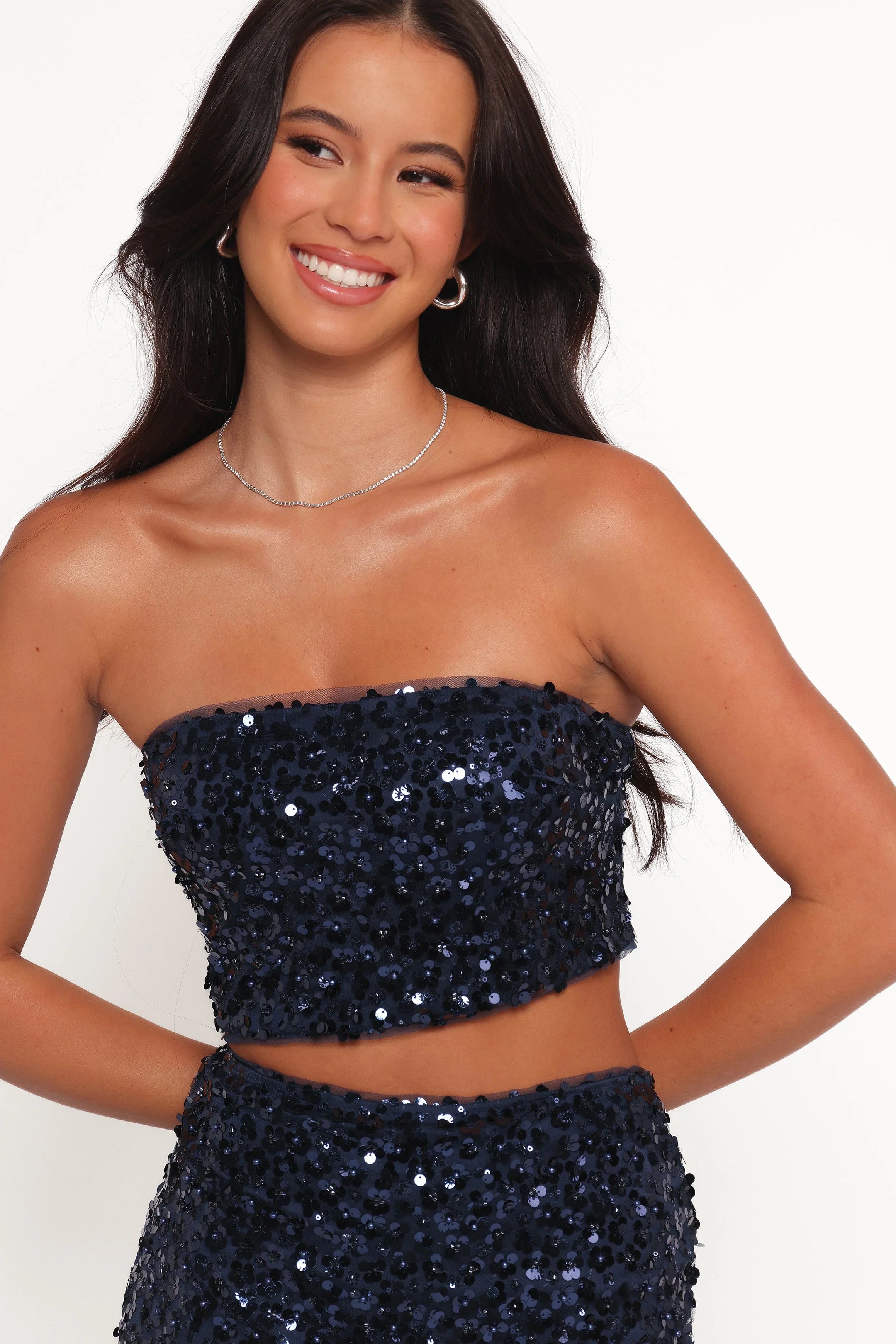 Glissy Sequin Skirt Set Navy