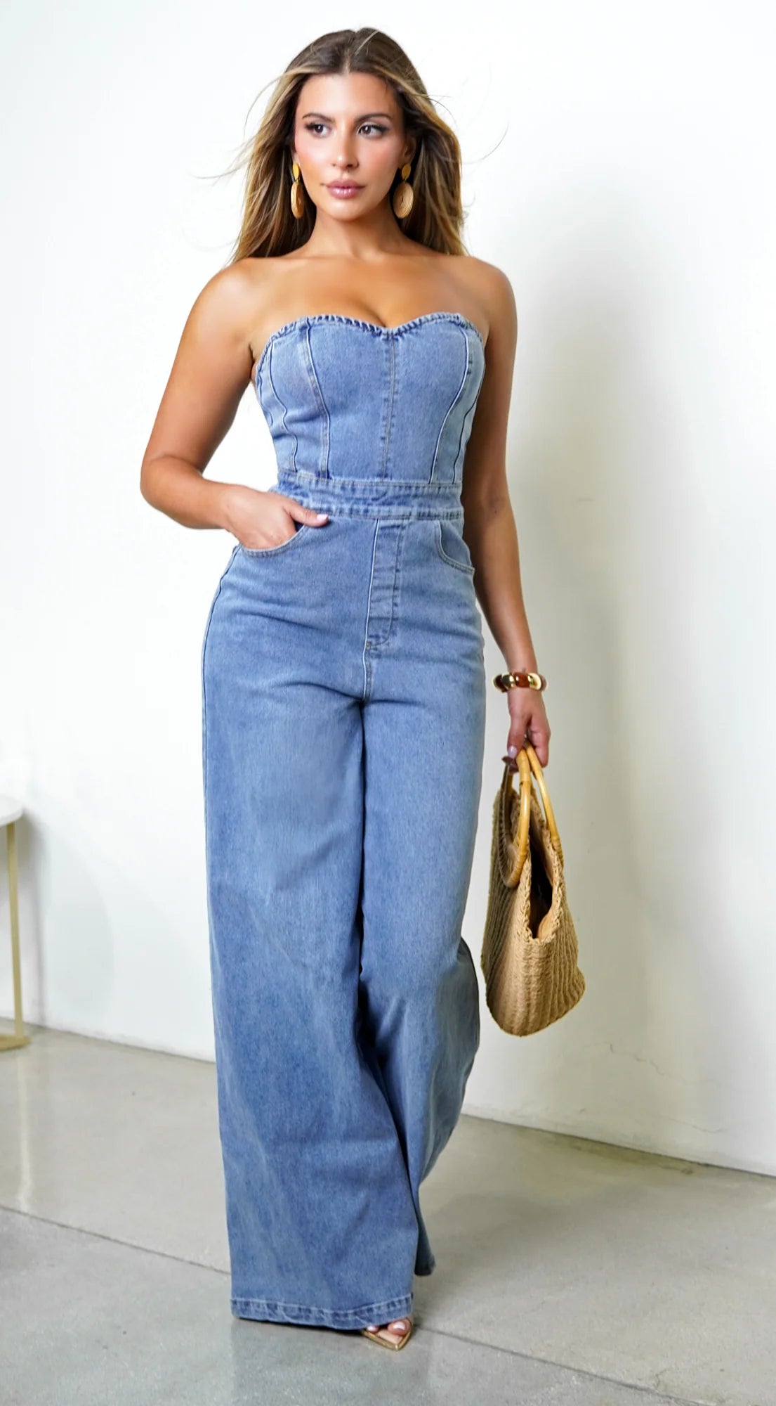 Halo Strapless Wide Leg Denim Jumpsuit Blue