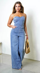 Halo Strapless Wide Leg Denim Jumpsuit Blue
