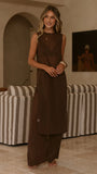 Zaire Long Line Sheer Top and Pants Set Chocolate