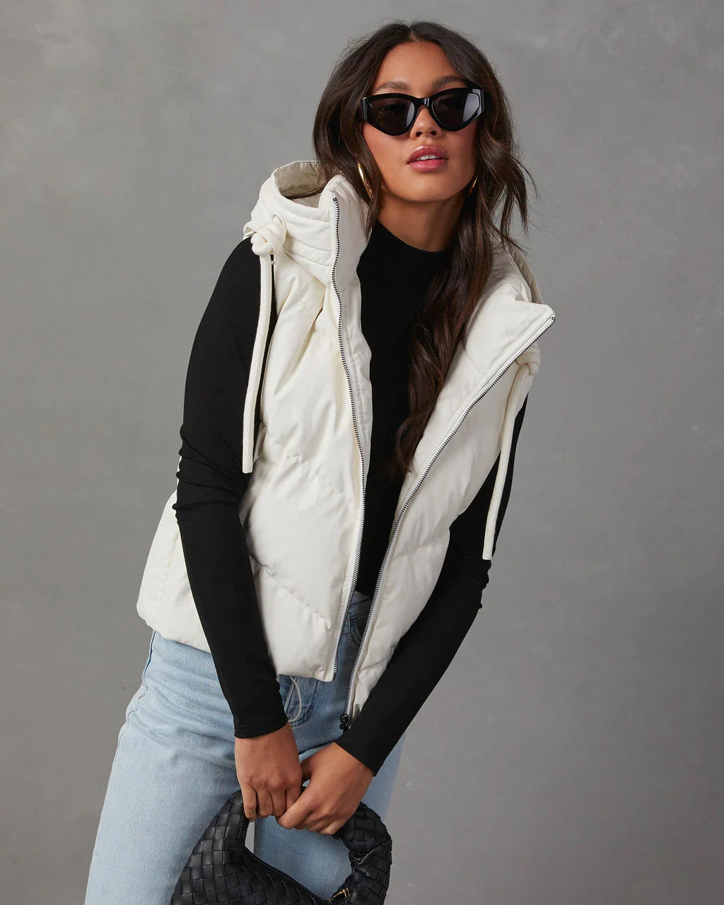 Shelton Pocketed Hooded Faux Leather Puffer Vest