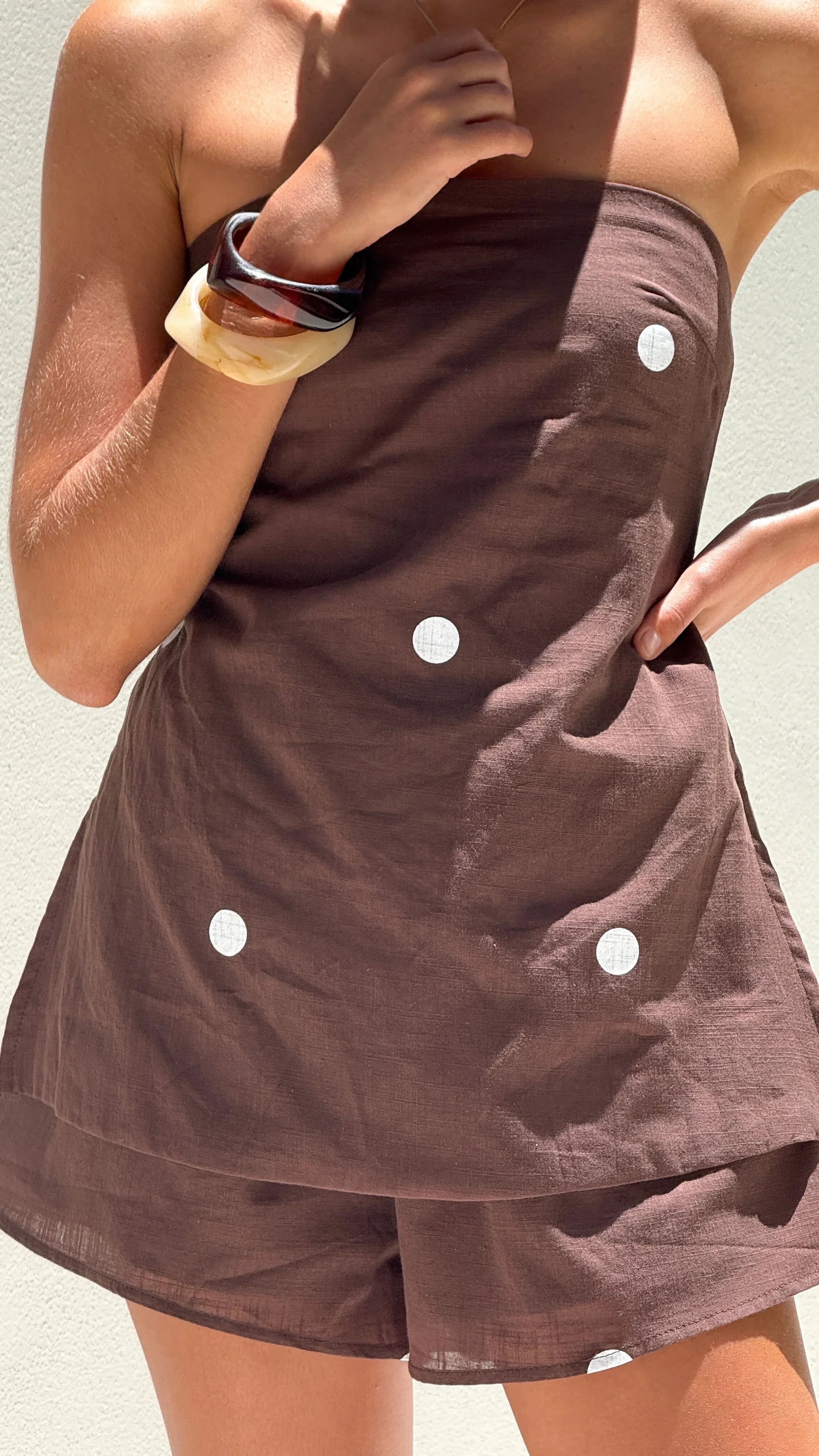 Kiki Strapless Top and Shorts Set Choc White Polka Dot