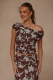 Ellita Off Shoulder Top Chocolate Blue Print