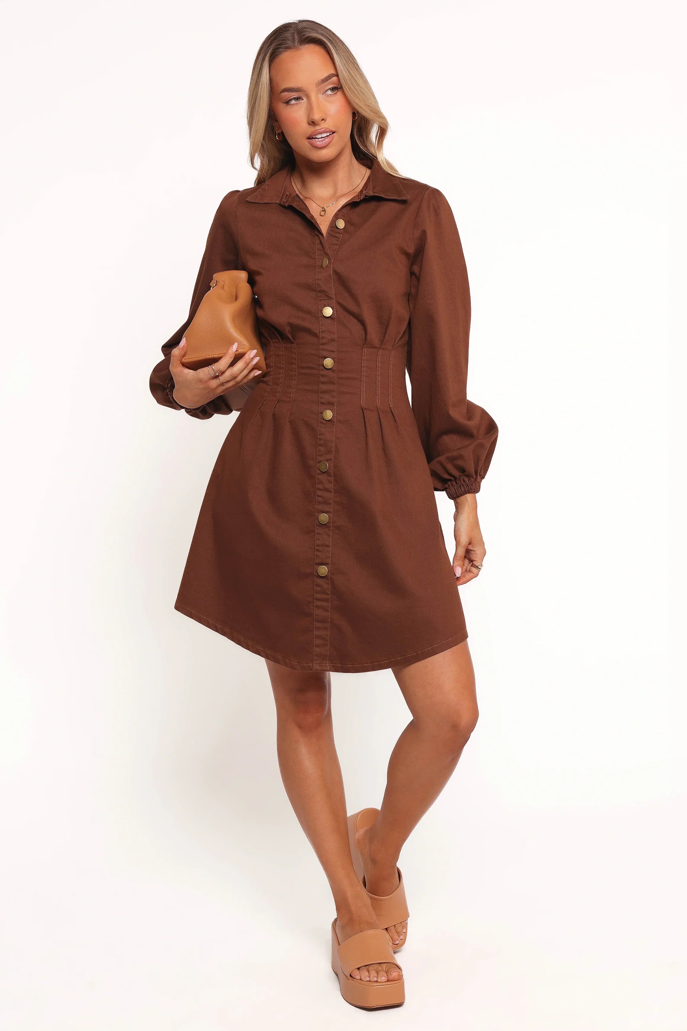 Phoenix Long Sleeve Mini Dress Brown Denim