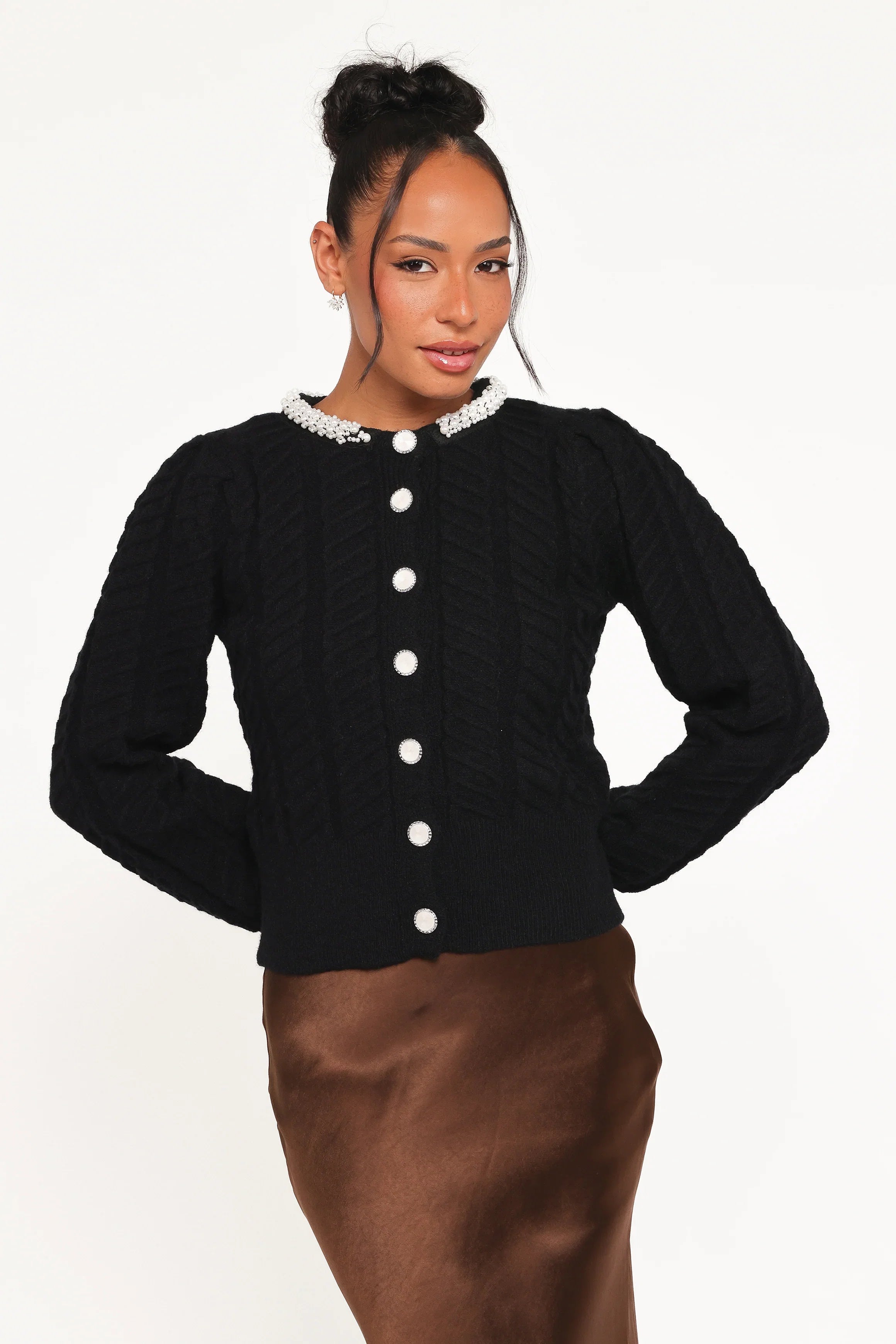 Sheena Rhinestone Collar Holiday Cardigan Black