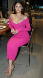 Lio Off Shoulder Ribbed Midi Dress Pink