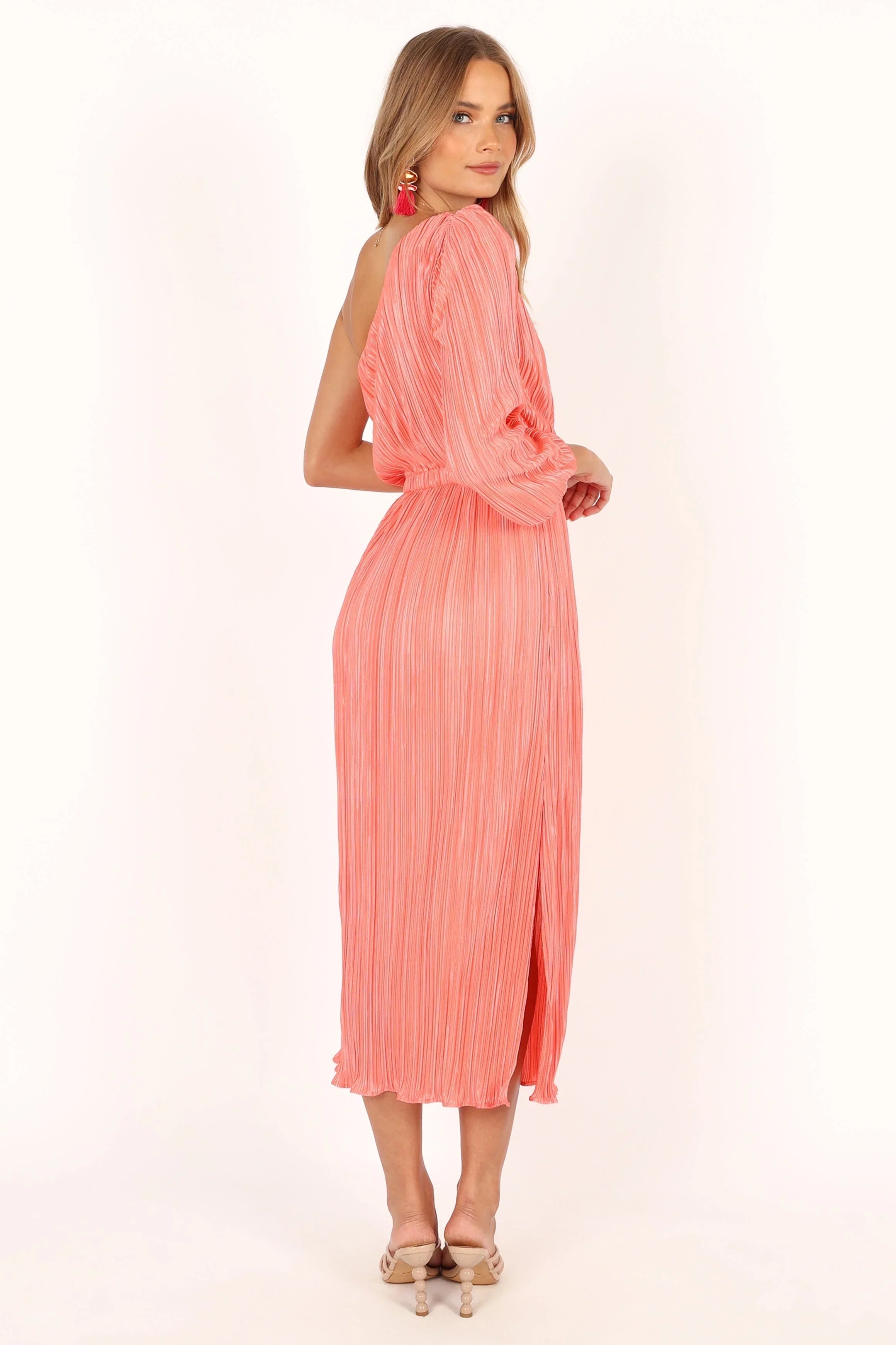 Pontee One Shoulder Pleated Midi Dress Coral