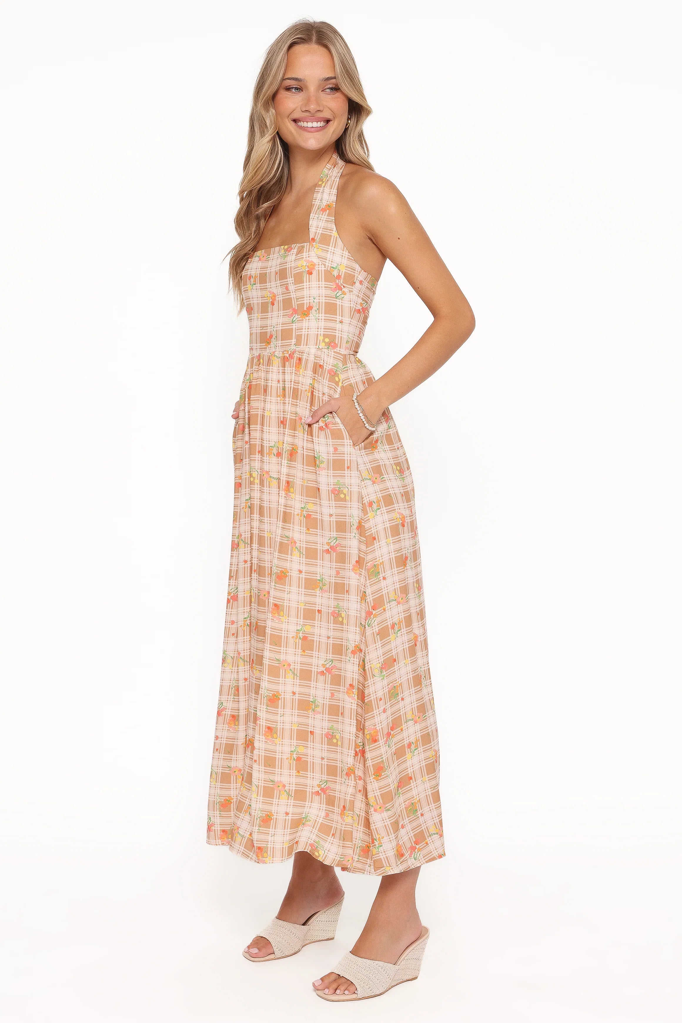 Gemini Halterneck Maxi Dress Yellow Floral Gingham