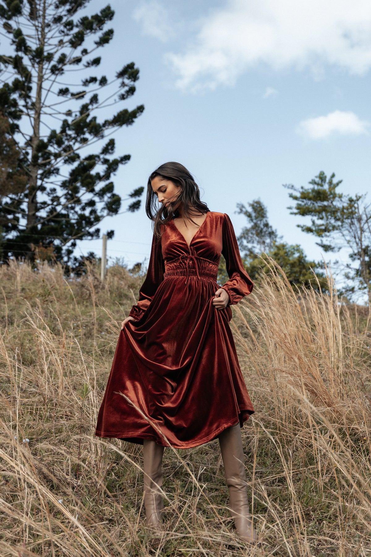 Cece Velvet Long Sleeve Maxi Dress Rust