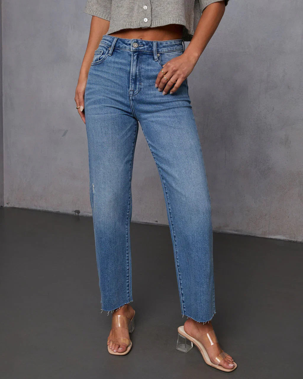 Mikal Super Stretch Frayed High Rise Cropped Jeans