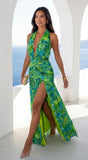 Capri Halter Tropical Print Maxi Dress Lime Green