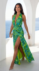 Capri Halter Tropical Print Maxi Dress Lime Green