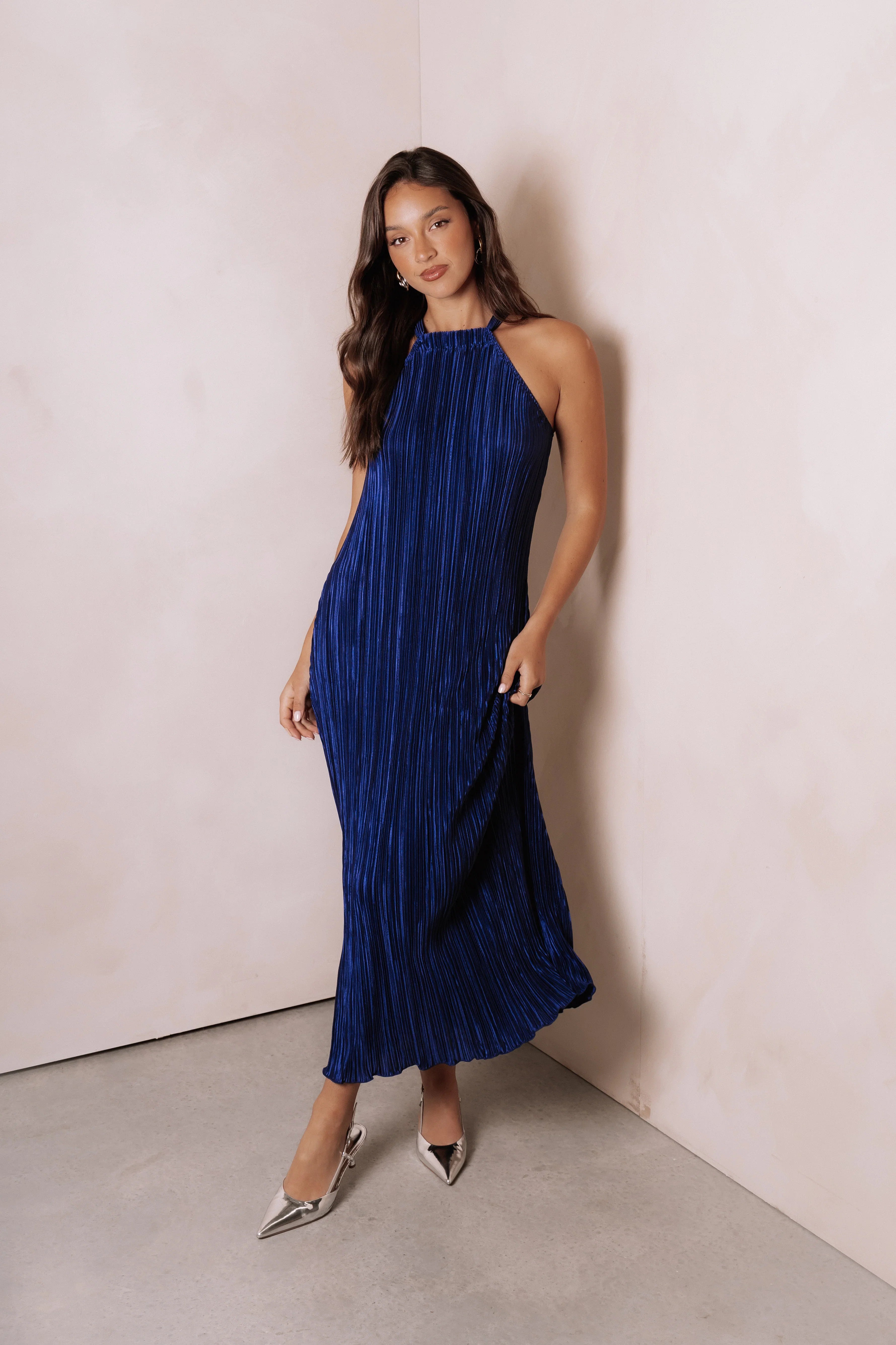 Melody Plisse Halter Maxi Dress Navy