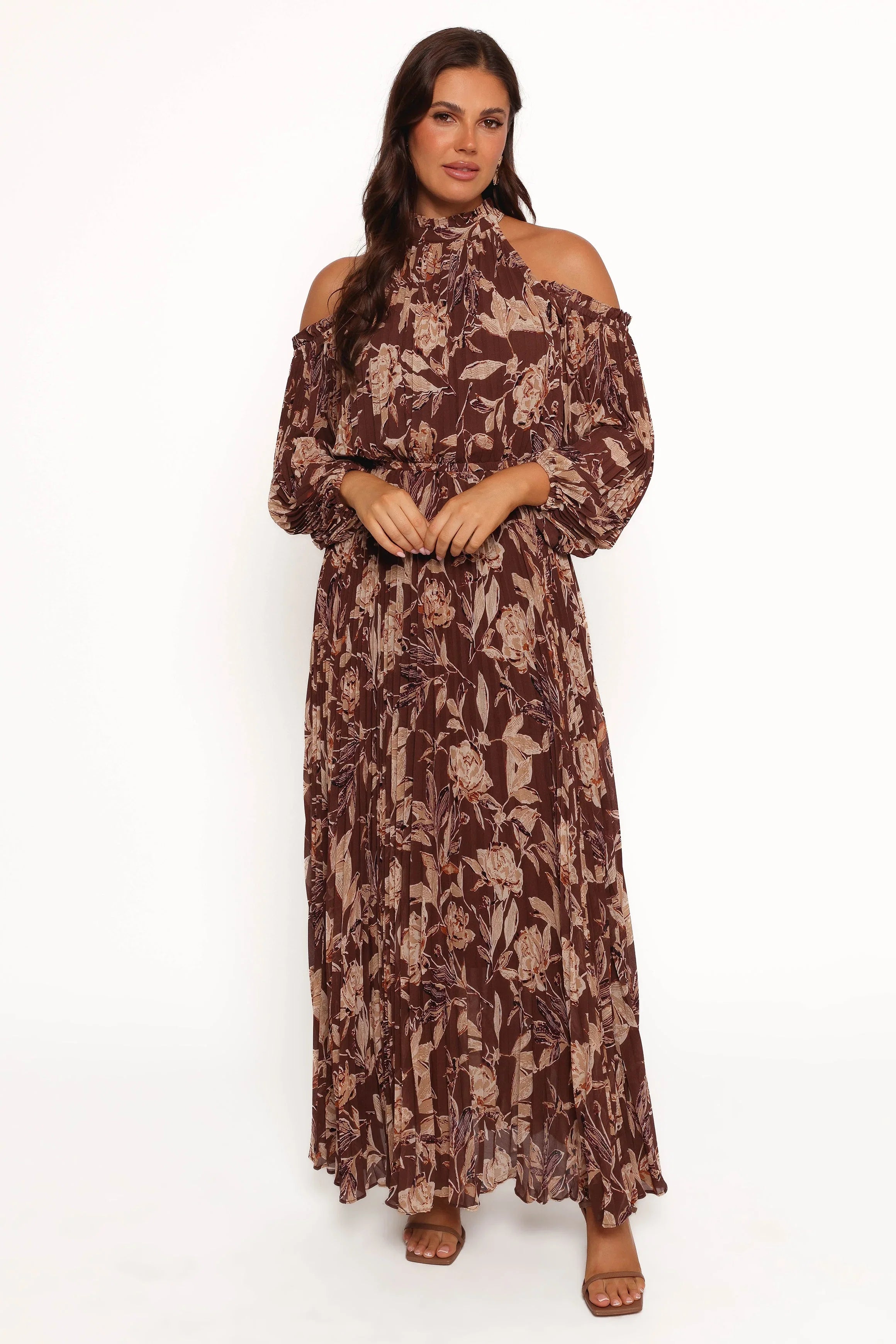 Hilary Pleated Maxi Dress Brown Floral