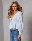 Velda Front Tie V Neck Peplum Top