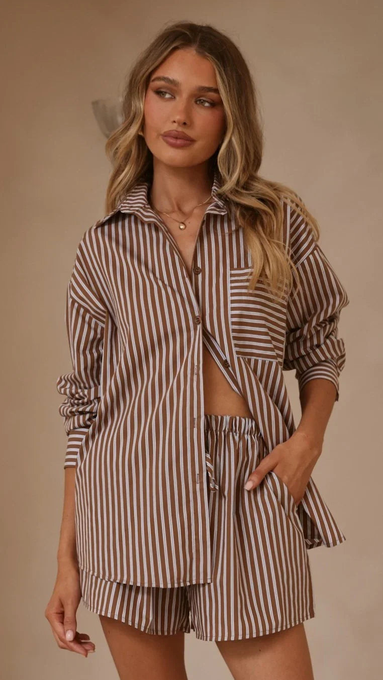 Elita Long Sleeve Button Up Shirt and Shorts Set Brown Blue Stripe