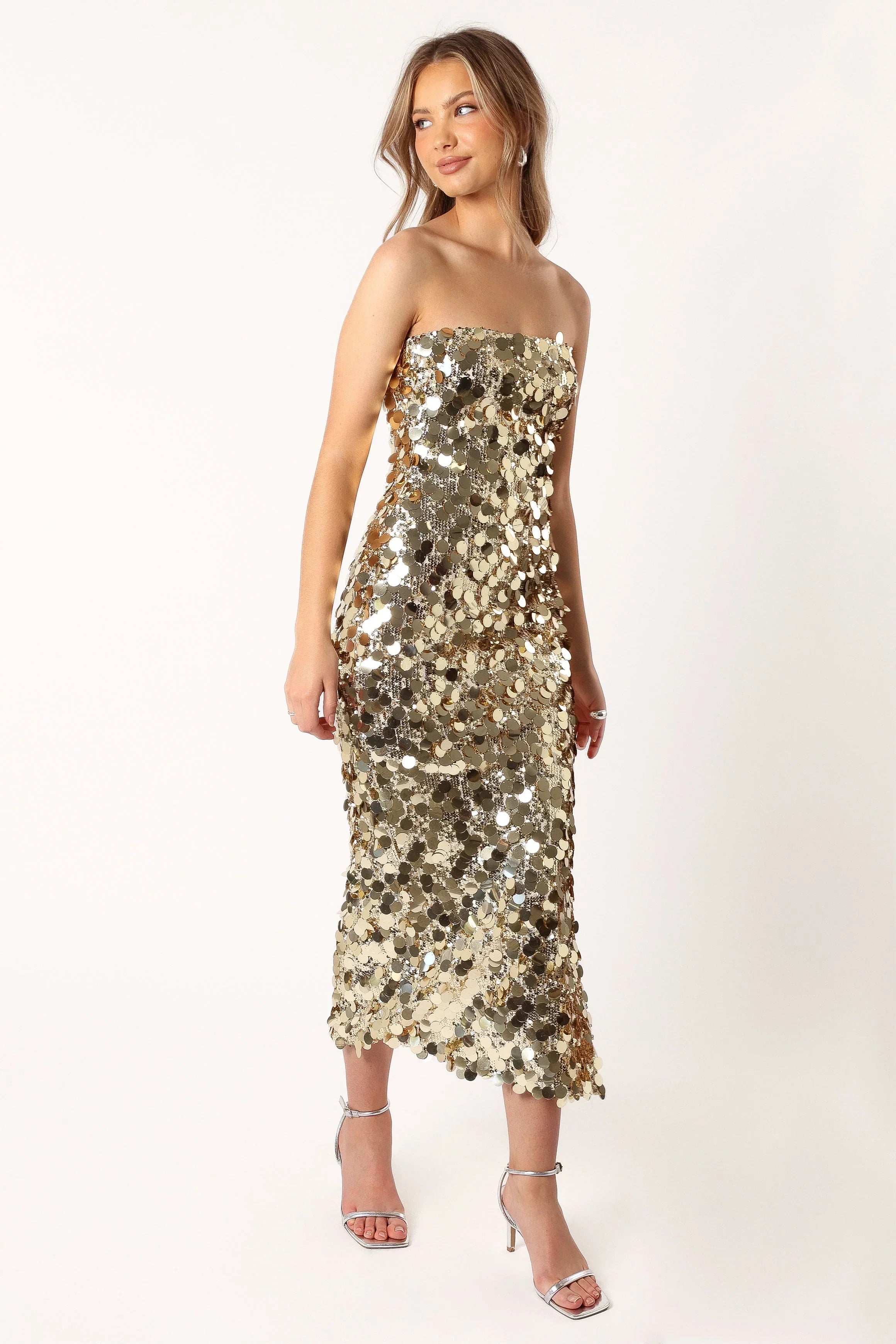 Gabourne Strapless Midi Dress Gold Sequin
