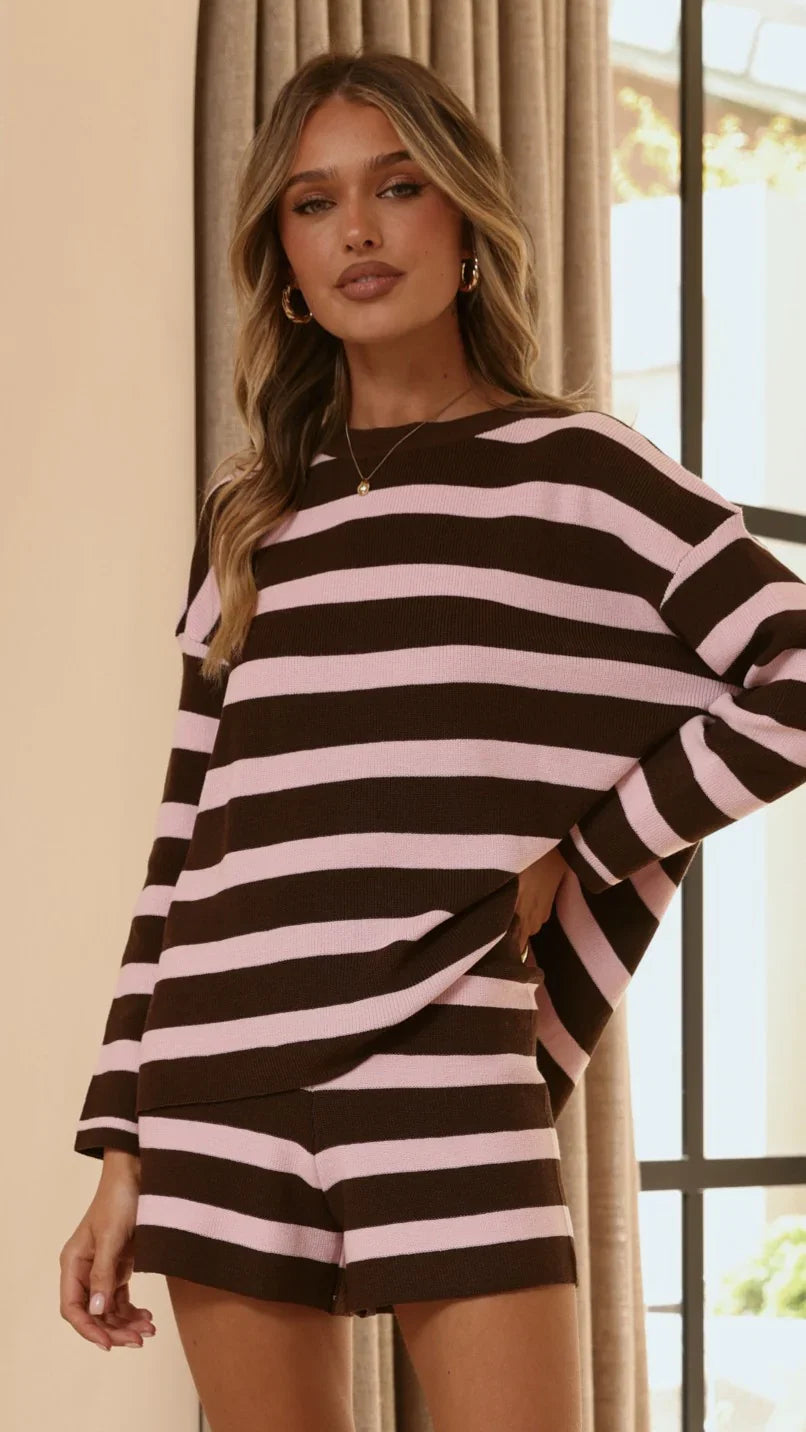 Jaeden Long Sleeve Top Shorts Set Pink Chocolate Stripe